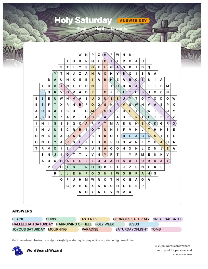 Holy Saturday word search answer key, all 14 words marked