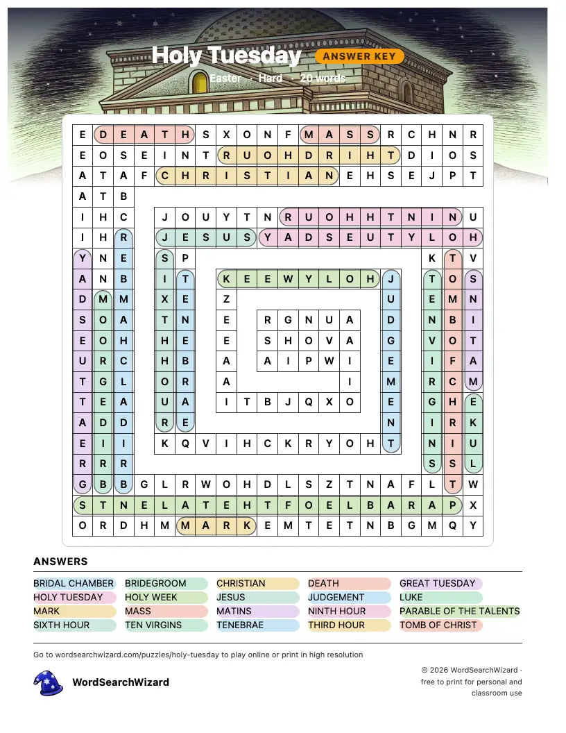 Holy Tuesday word search answer key, all 20 words marked