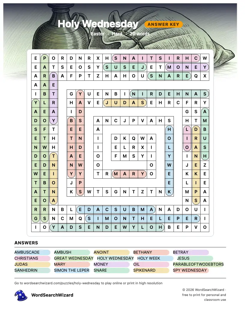 Holy Wednesday word search answer key, all 20 words marked