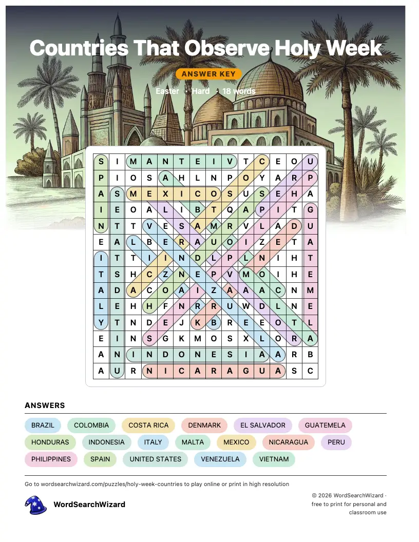 Countries That Observe Holy Week word search answer key, all 18 words marked