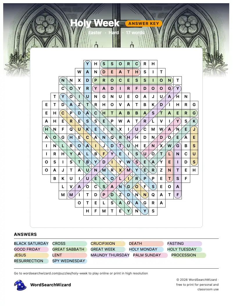 Holy Week word search answer key, all 17 words marked
