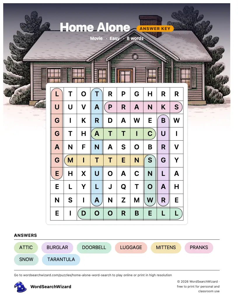 Home Alone word search answer key, all 8 words marked