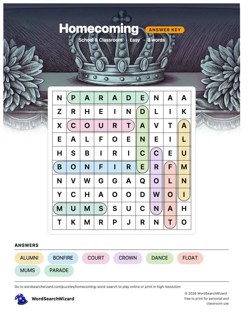 Homecoming word search answer key, all 8 words marked