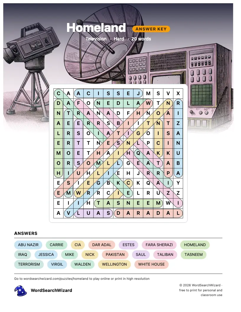 Homeland word search answer key, all 20 words marked
