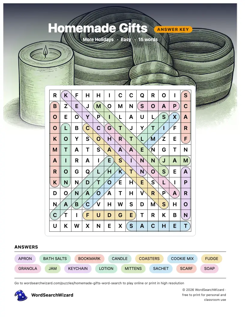 Homemade Gifts word search answer key, all 15 words marked