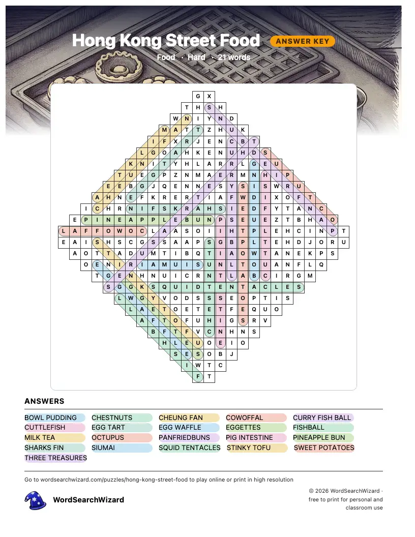 Hong Kong Street Food word search answer key, all 21 words marked
