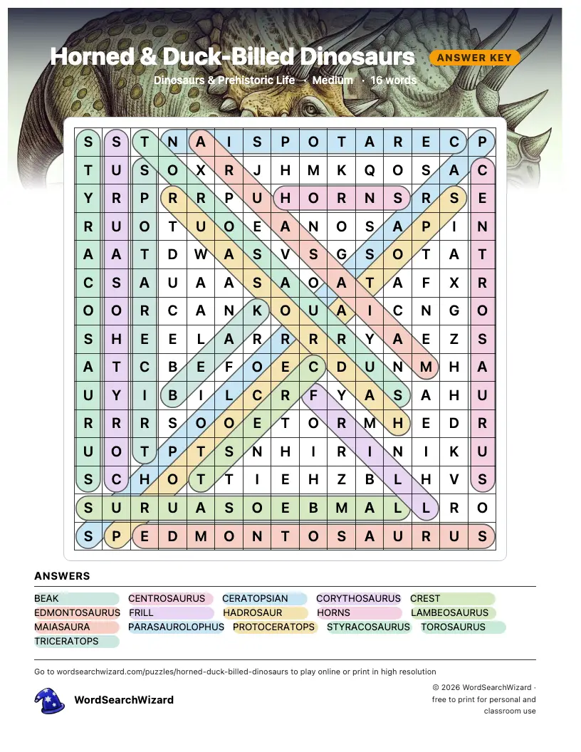 Horned & Duck-Billed Dinosaurs word search answer key, all 16 words marked