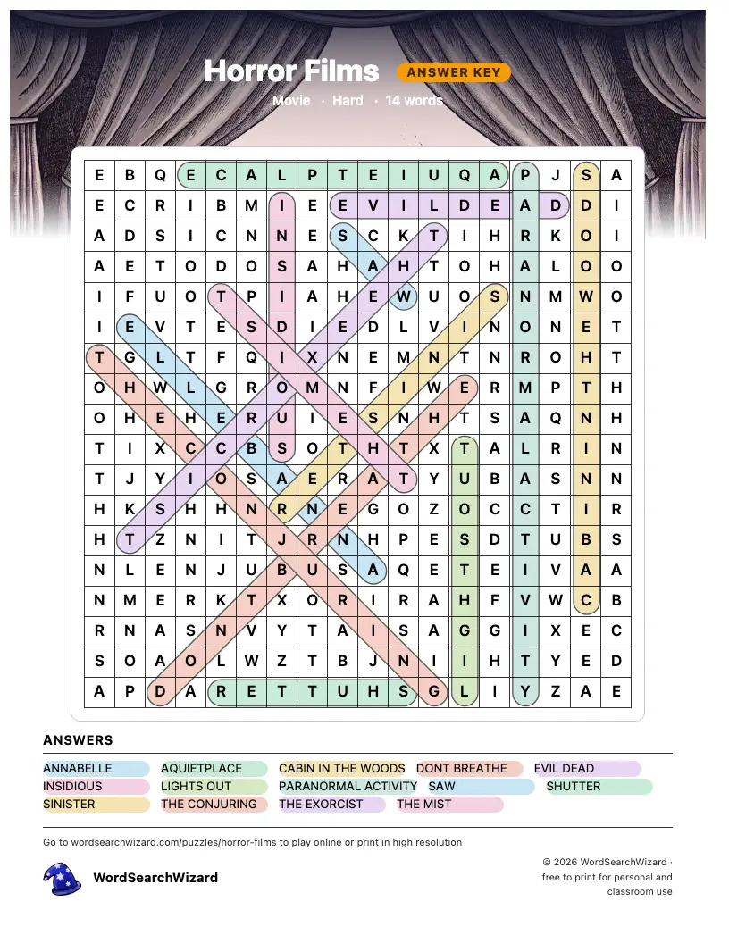 Horror Films word search answer key, all 14 words marked