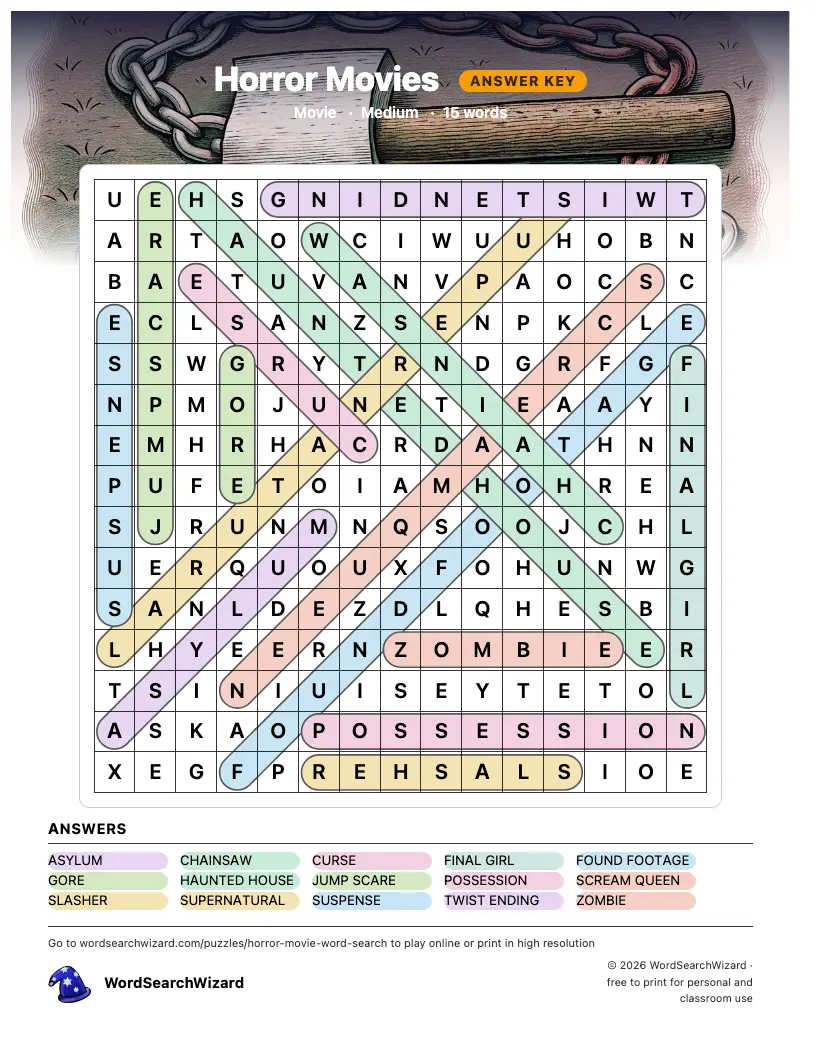 Horror Movies word search answer key, all 15 words marked