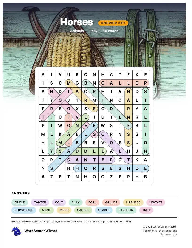 Horses word search answer key, all 15 words marked