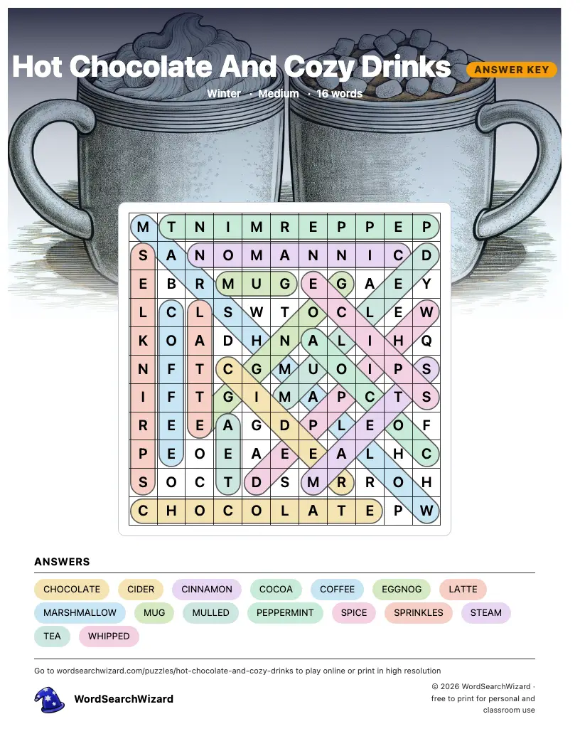 Hot Chocolate And Cozy Drinks word search answer key, all 16 words marked