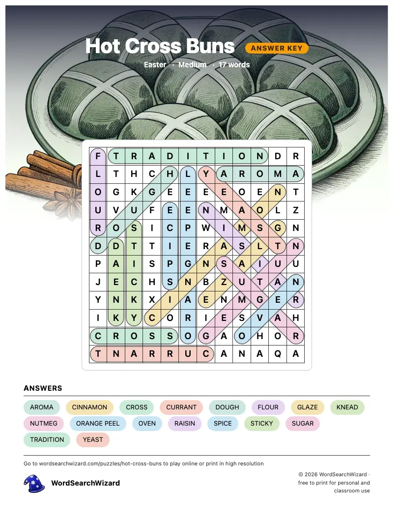 Hot Cross Buns word search answer key, all 17 words marked