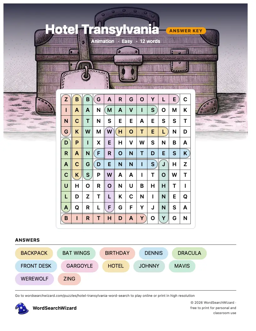 Hotel Transylvania word search answer key, all 12 words marked