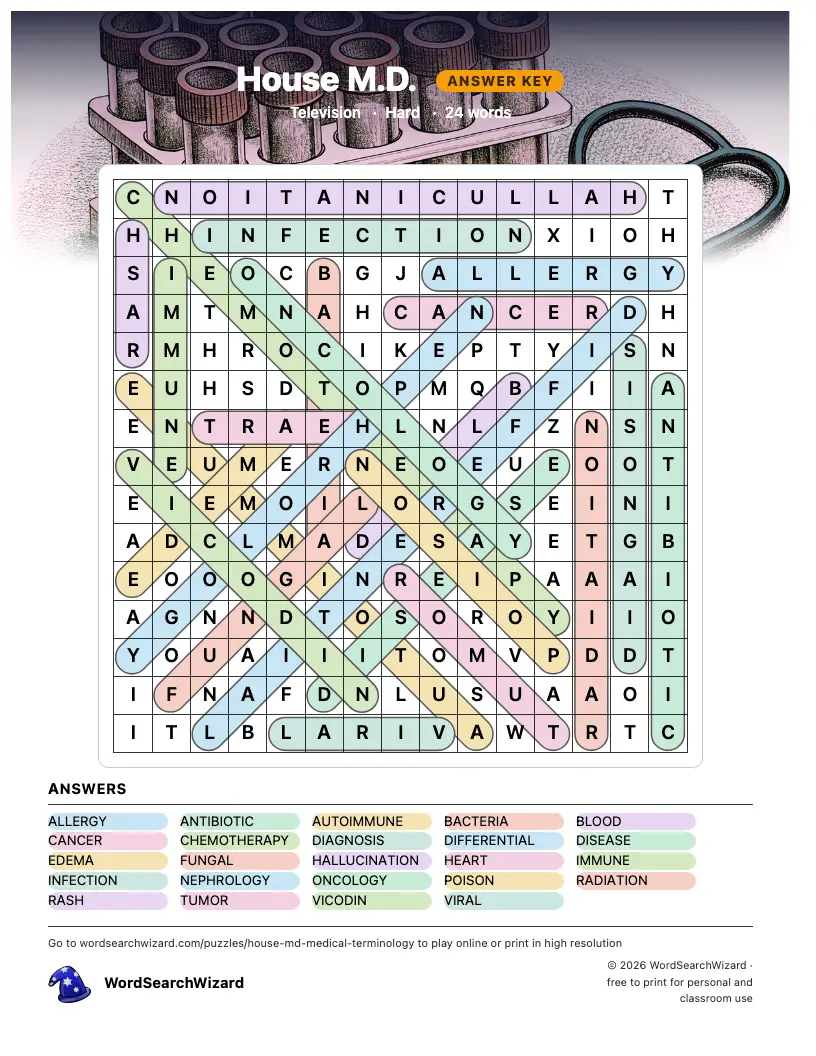 House M.D. word search answer key, all 24 words marked