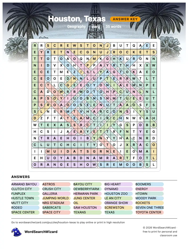 Houston, Texas word search answer key, all 35 words marked