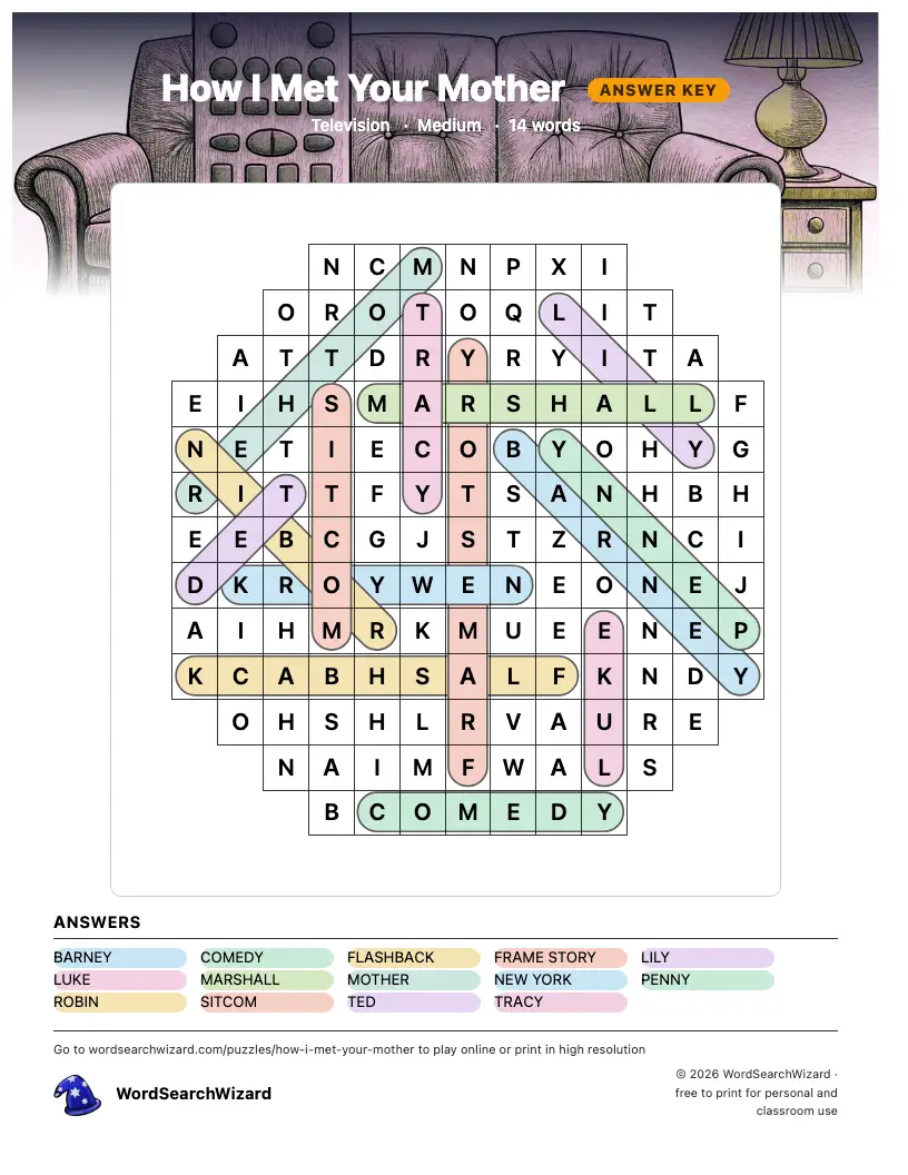How I Met Your Mother word search answer key, all 14 words marked