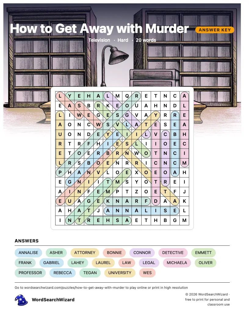How to Get Away with Murder word search answer key, all 20 words marked