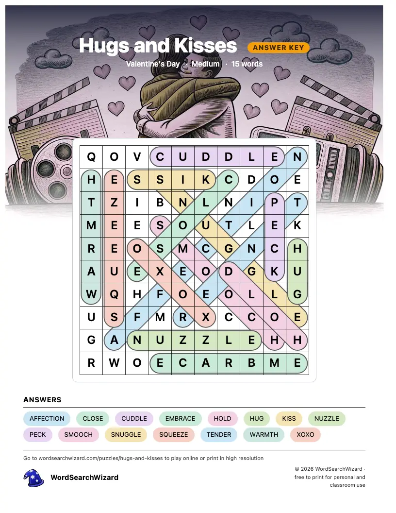 Hugs and Kisses word search answer key, all 15 words marked