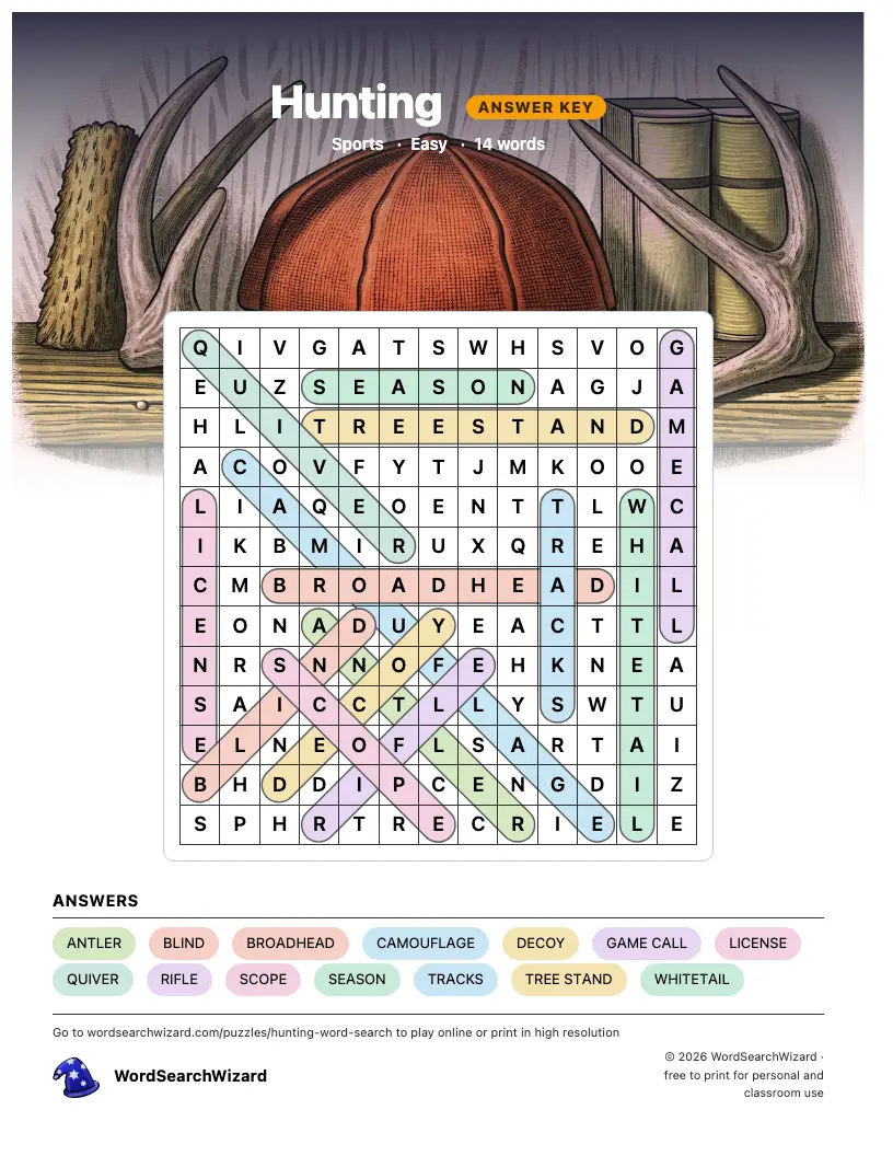 Hunting word search answer key, all 14 words marked