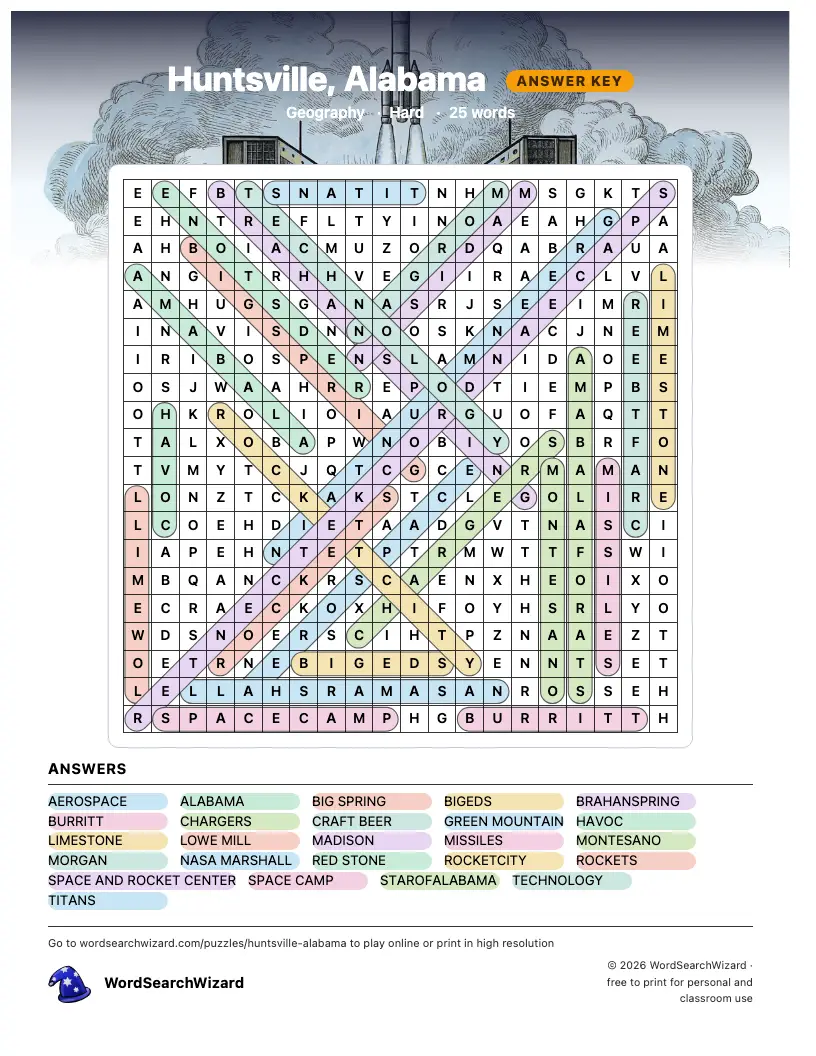 Huntsville, Alabama word search answer key, all 25 words marked