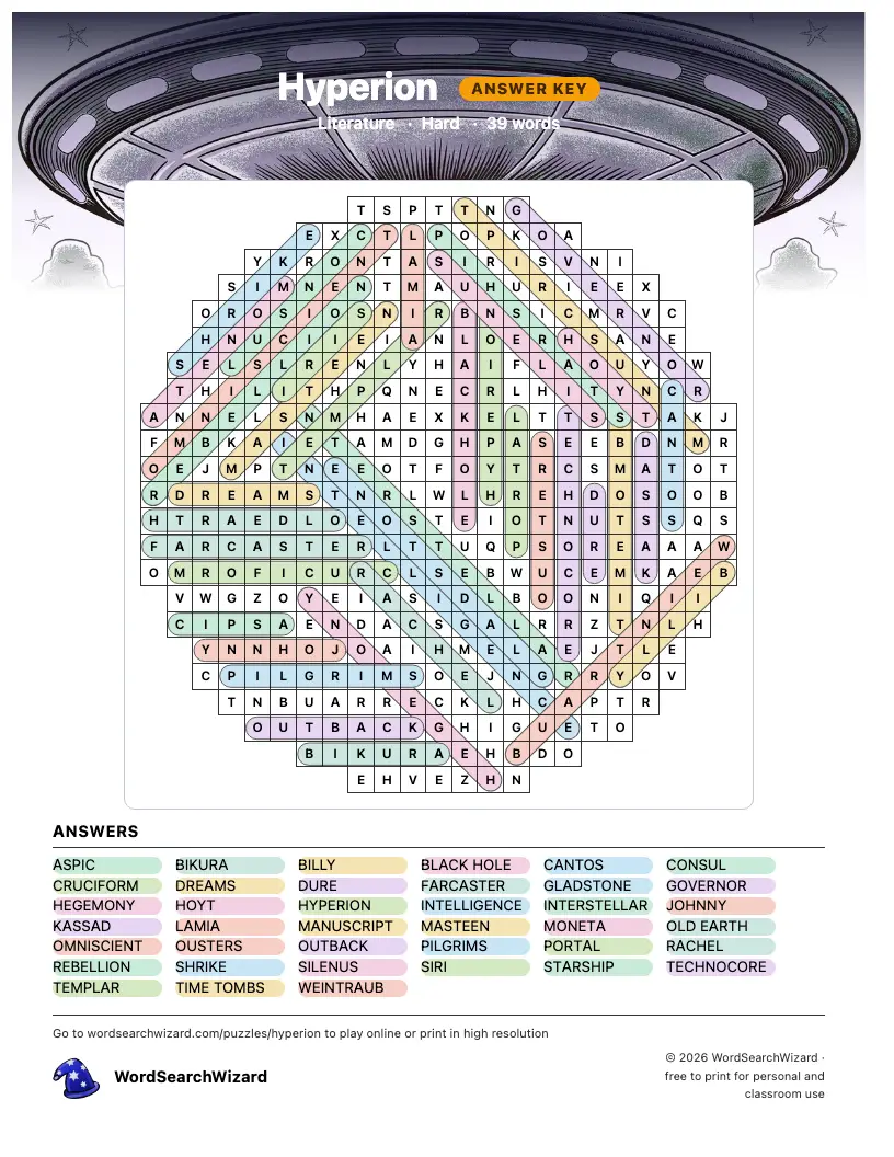 Hyperion word search answer key, all 39 words marked