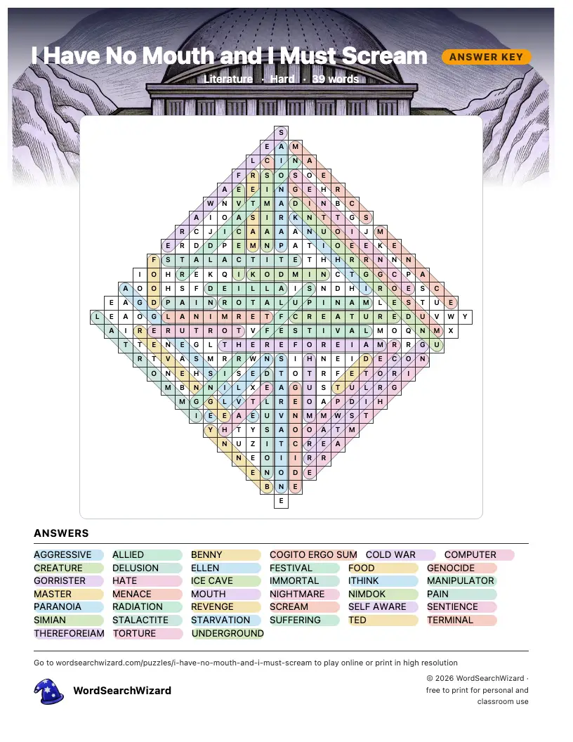 I Have No Mouth and I Must Scream word search answer key, all 39 words marked