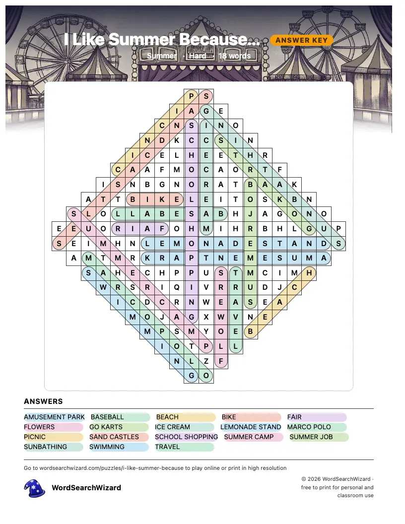 I Like Summer Because... word search answer key, all 18 words marked