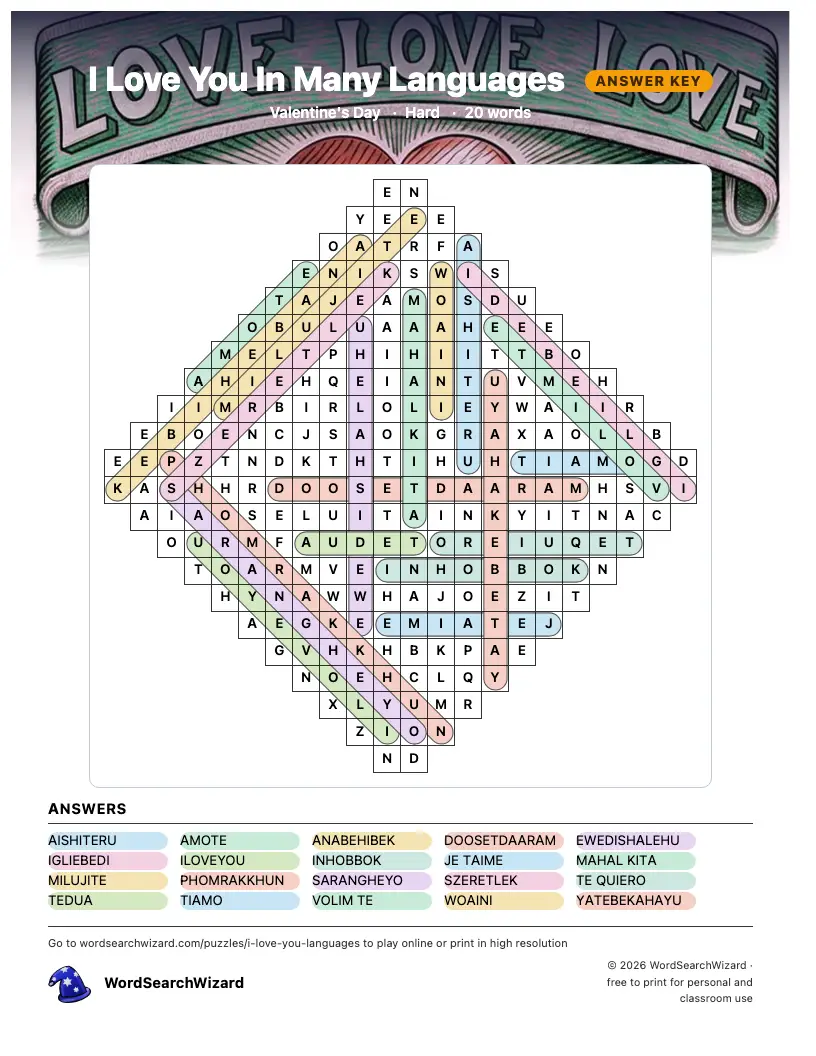 I Love You In Many Languages word search answer key, all 20 words marked