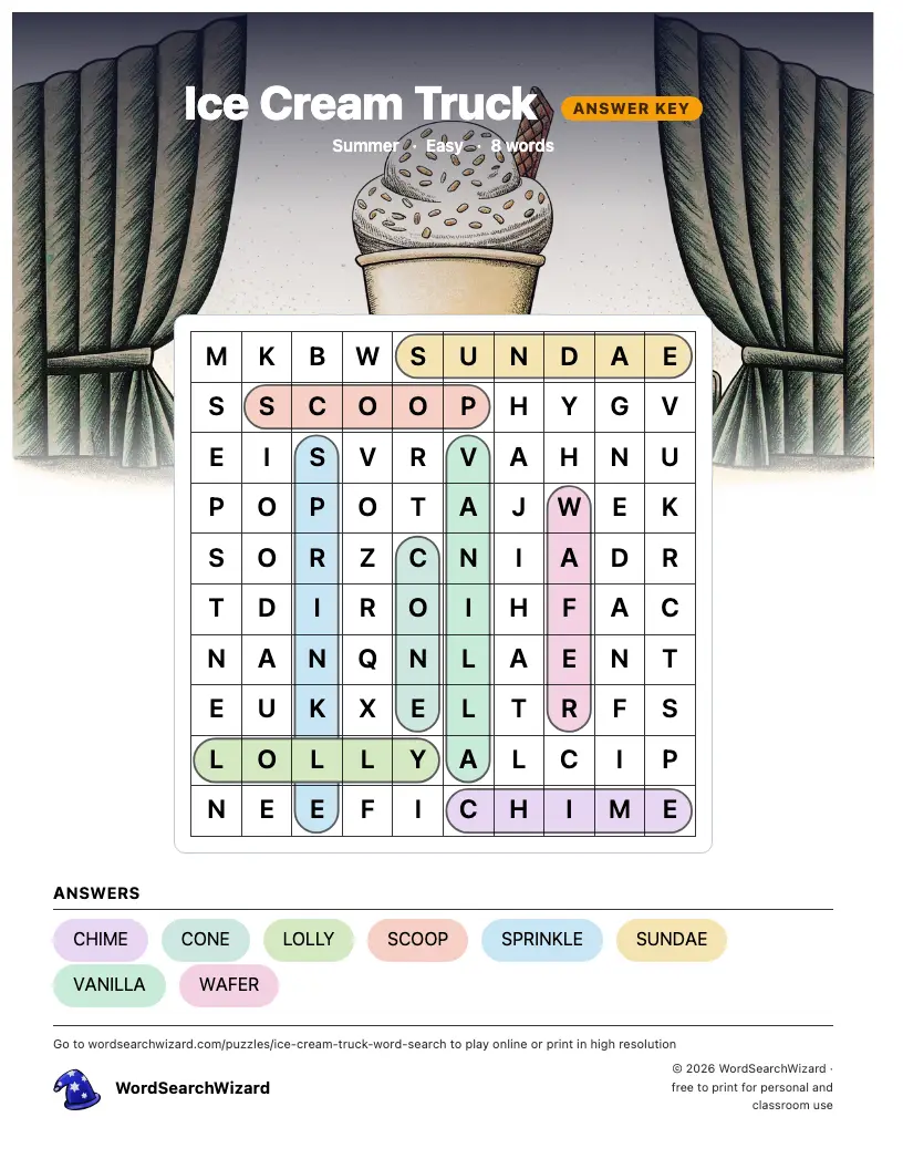 Ice Cream Truck word search answer key, all 8 words marked