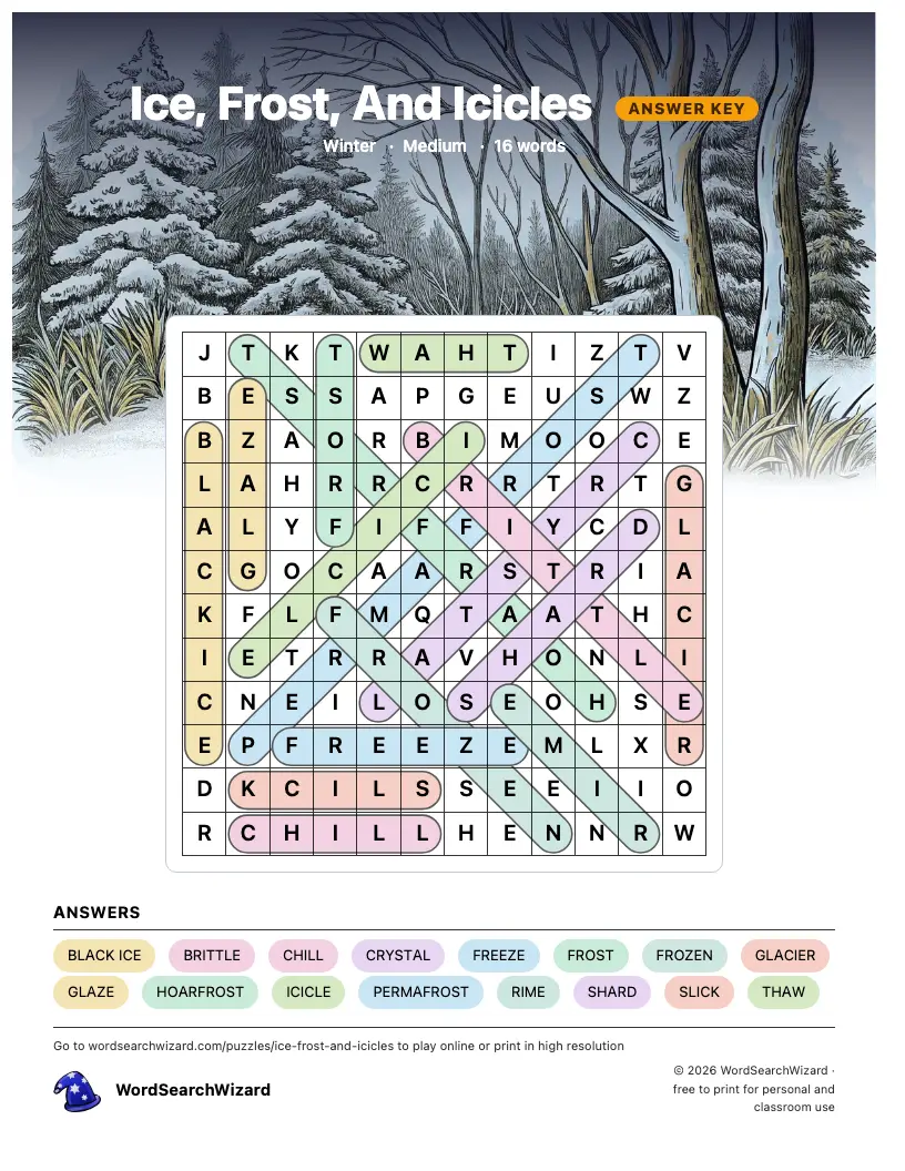 Ice, Frost, And Icicles word search answer key, all 16 words marked