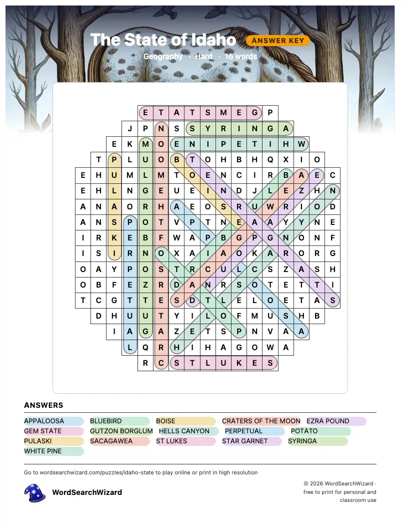 The State of Idaho word search answer key, all 16 words marked