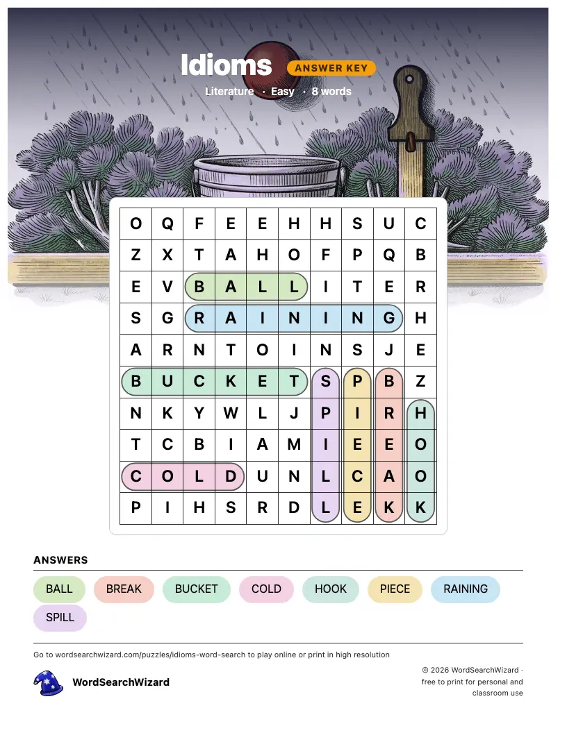 Idioms word search answer key, all 8 words marked