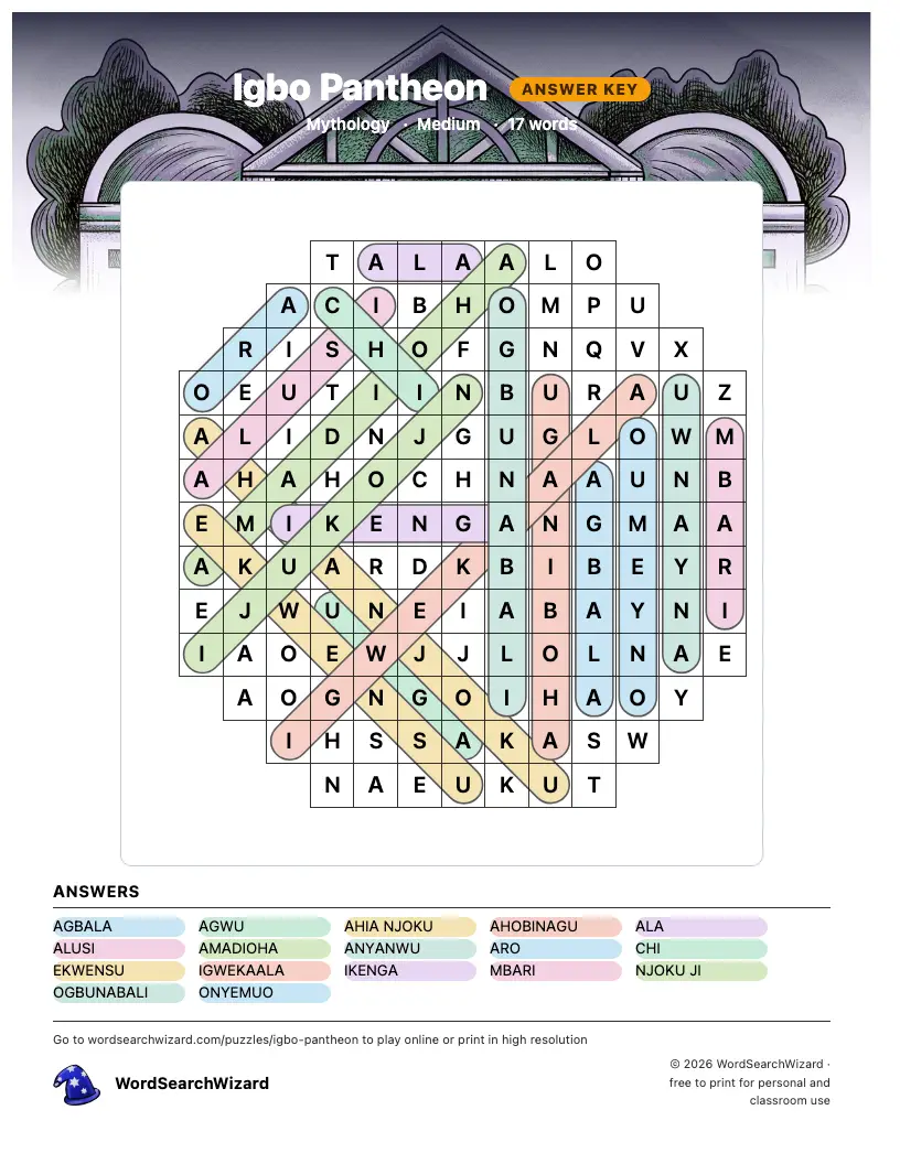 Igbo Pantheon word search answer key, all 17 words marked
