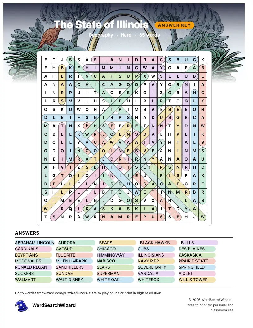 The State of Illinois word search answer key, all 35 words marked