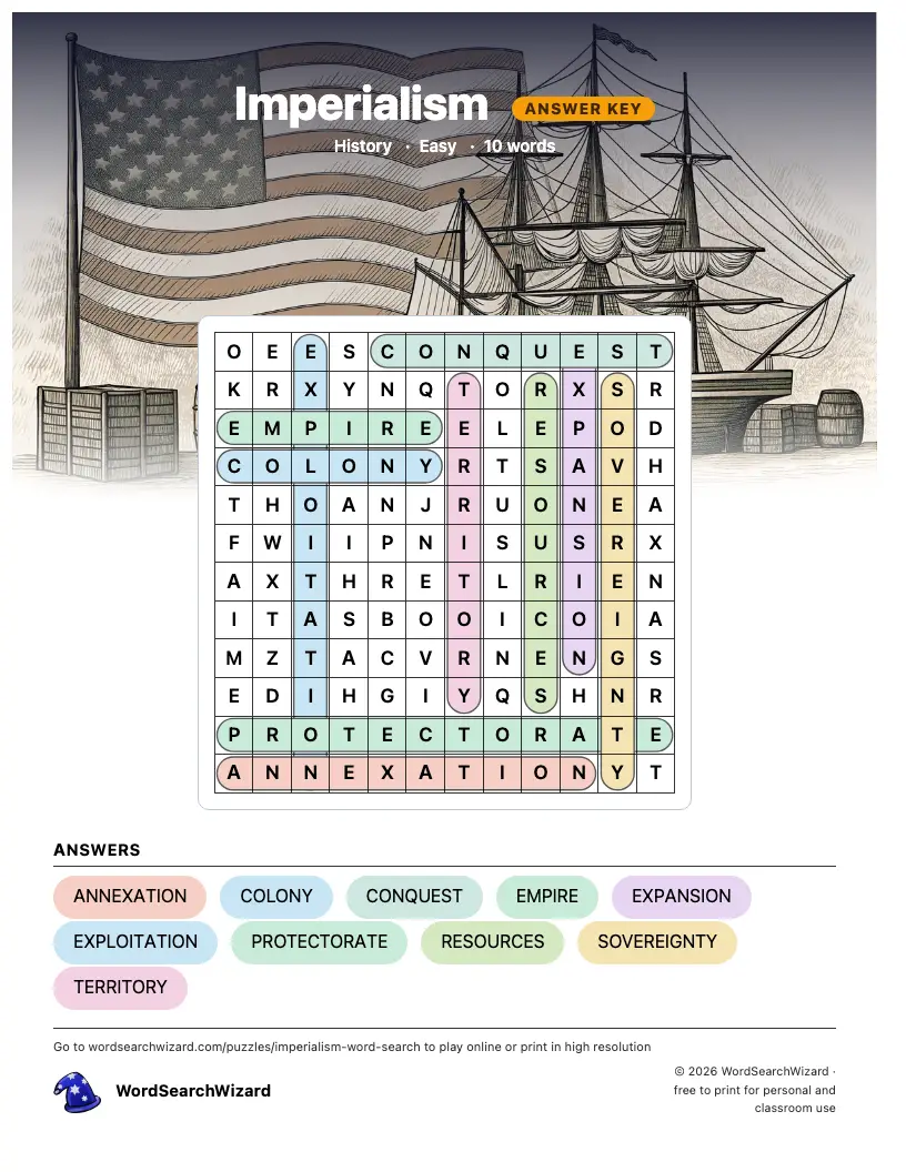 Imperialism word search answer key, all 10 words marked