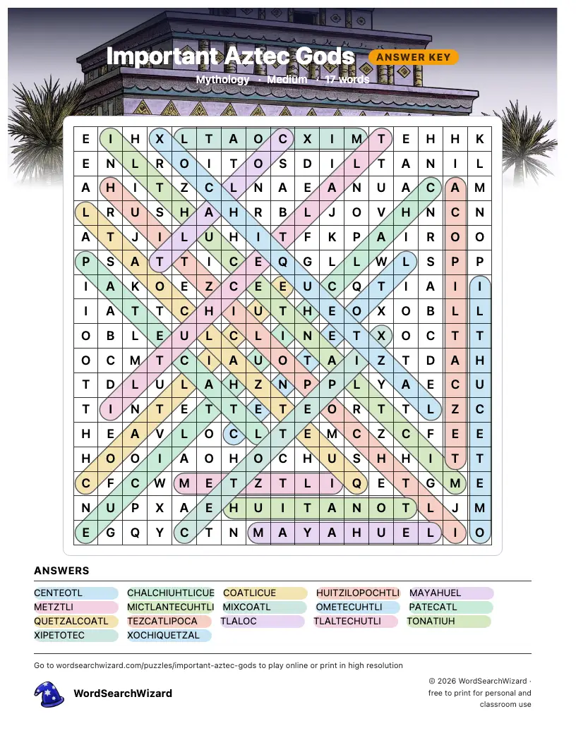 Important Aztec Gods word search answer key, all 17 words marked