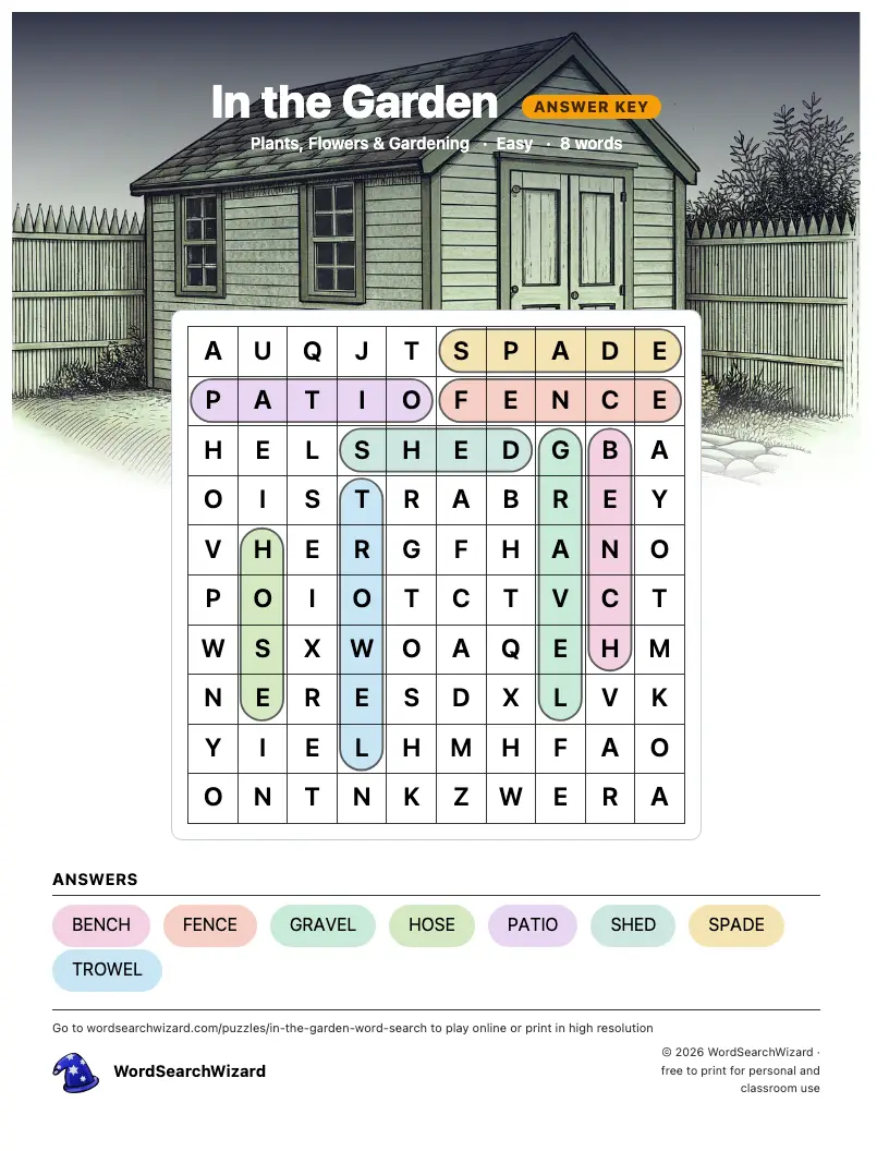 In the Garden word search answer key, all 8 words marked
