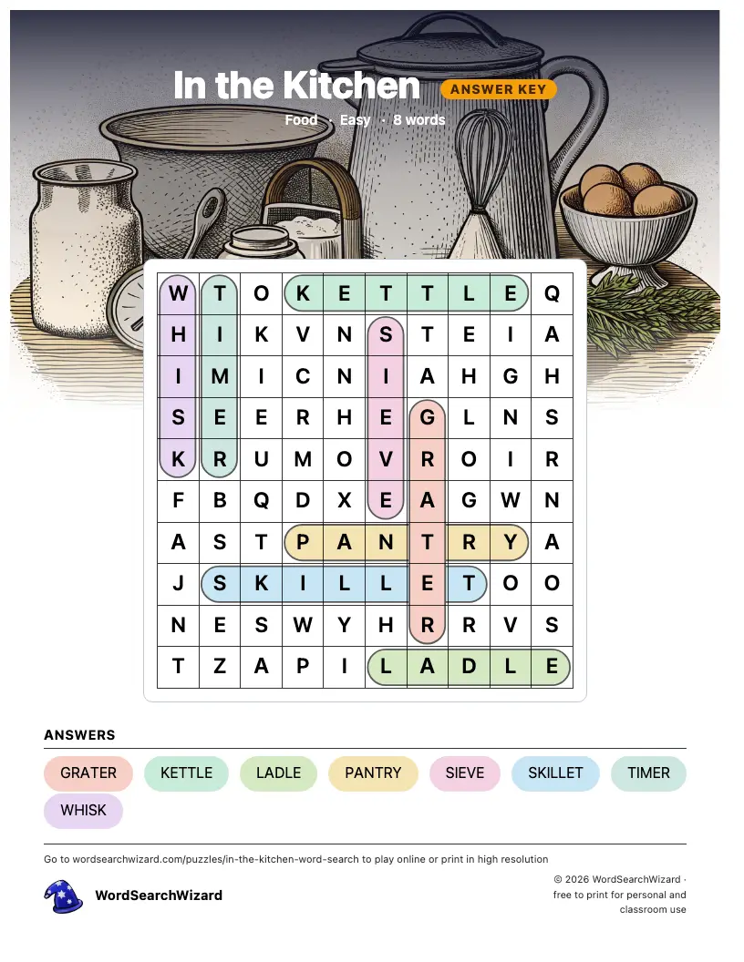 In the Kitchen word search answer key, all 8 words marked