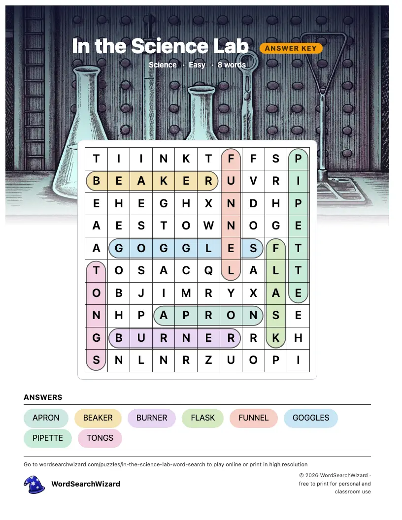 In the Science Lab word search answer key, all 8 words marked