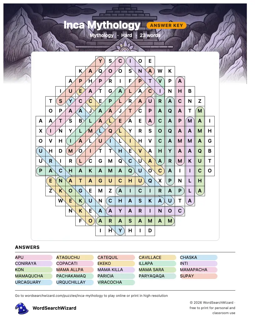 Inca Mythology word search answer key, all 23 words marked