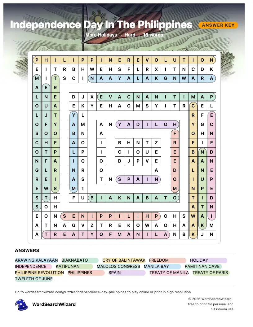 Independence Day In The Philippines word search answer key, all 16 words marked
