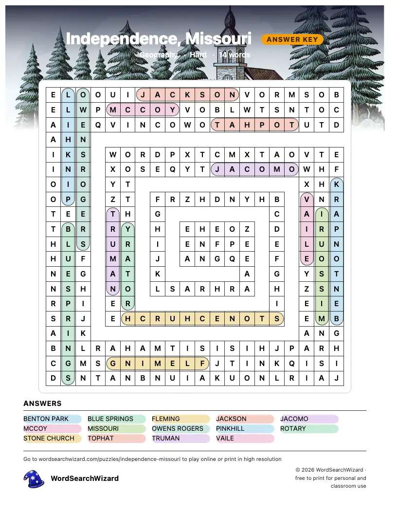 Independence, Missouri word search answer key, all 14 words marked