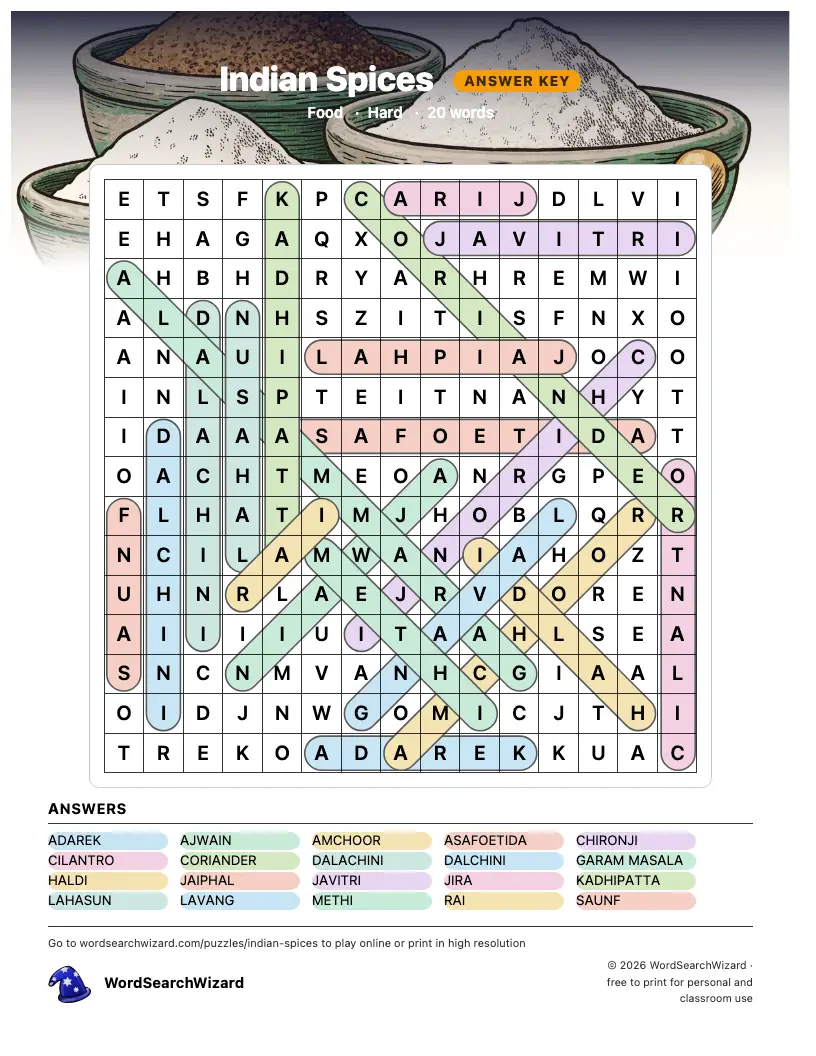 Indian Spices word search answer key, all 20 words marked