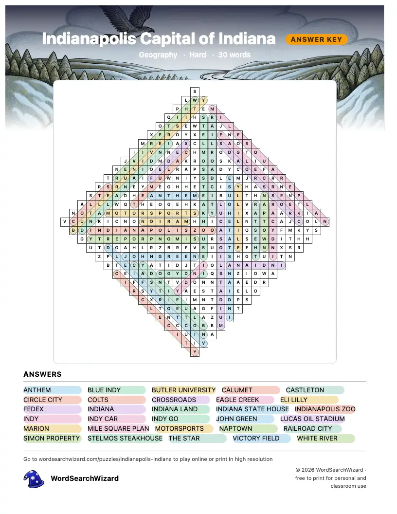 Indianapolis Capital of Indiana word search answer key, all 30 words marked