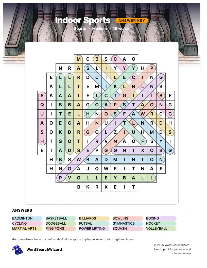Indoor Sports word search answer key, all 15 words marked