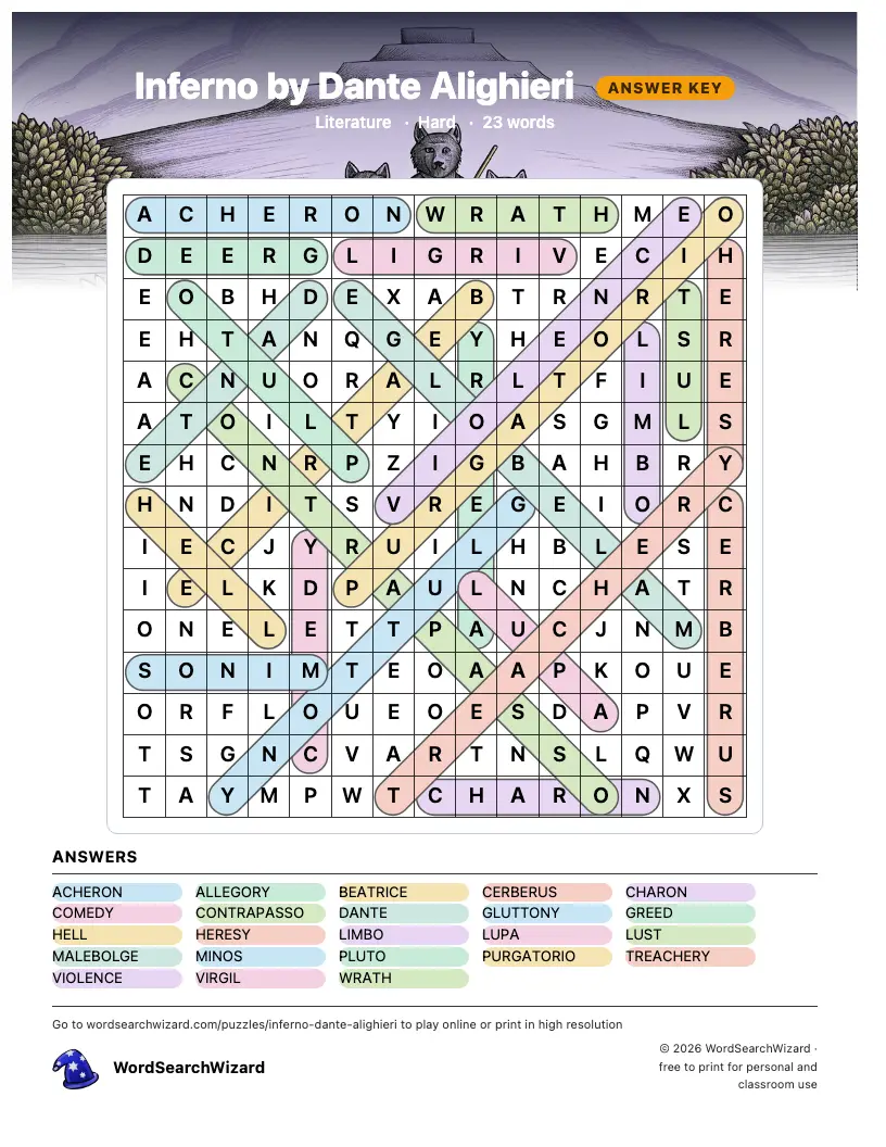 Inferno by Dante Alighieri word search answer key, all 23 words marked