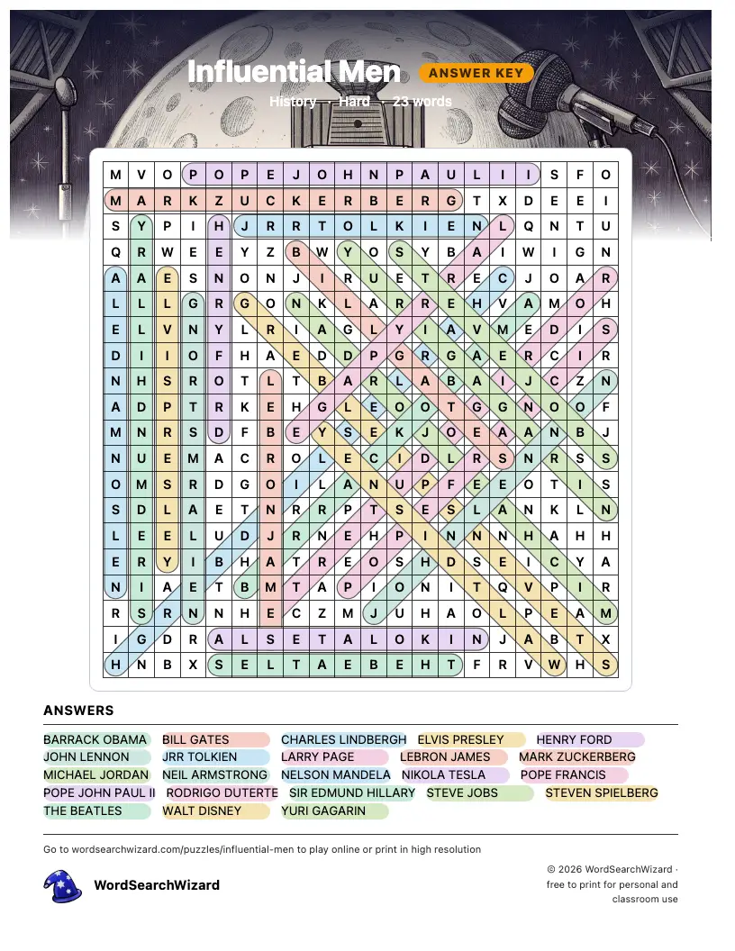 Influential Men word search answer key, all 23 words marked
