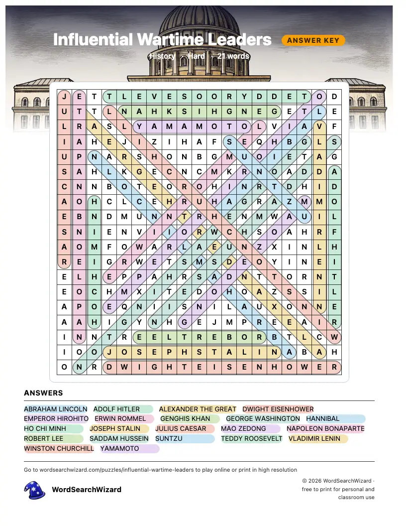 Influential Wartime Leaders word search answer key, all 21 words marked