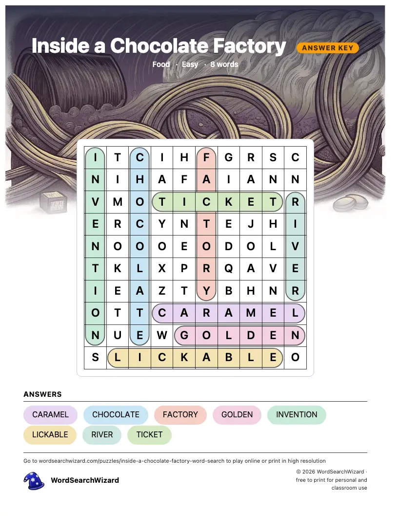Inside a Chocolate Factory word search answer key, all 8 words marked