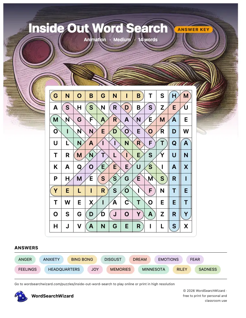 Inside Out word search answer key, all 14 words marked